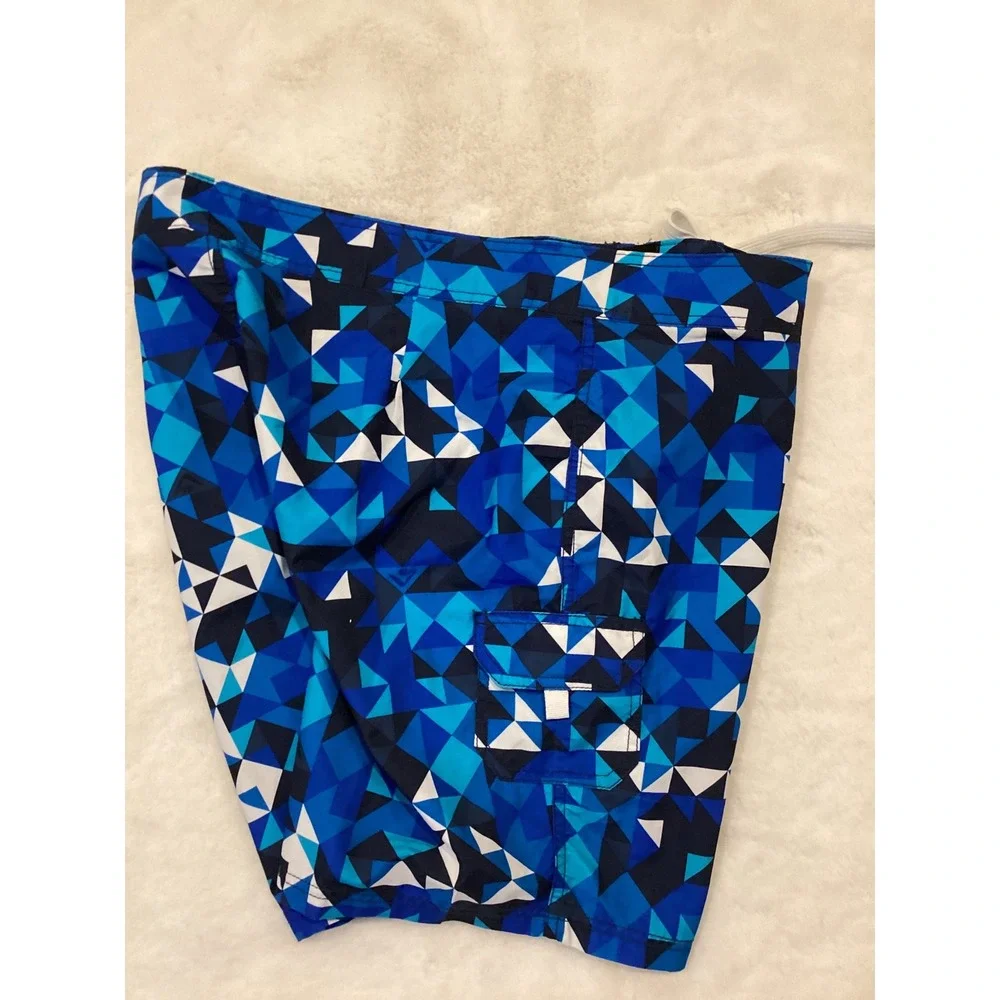 Kanu Surf Mens Geometric Print Board Shorts Blue White Swim Trunks‎ Size 34 NWT